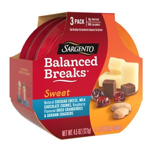 [046100009703] Sargento Balanced Breaks Natural Cheddar Cheese, Milk Chocolate Chunks, Raspberry flavoured Dried Cranberries & Graham Crackers 3 ct 4.5 oz