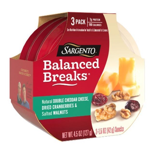 [046100011157] Sargento Balanced Breaks Natural Double Cheddar Cheese, Cranberries & Walnuts 3 ct 4.5 oz