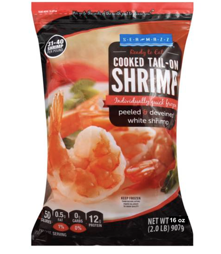 [748734931404] Sea Mazz Cooked Tail-On Shrimp 16 oz