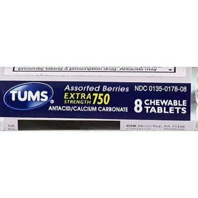 Tums Extra Strength 750 Assorted Fruit Chewable Tablets 8 ct