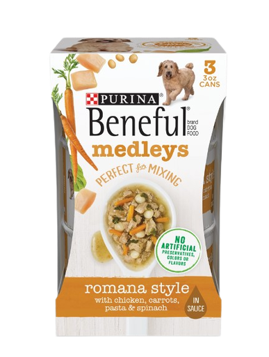 [017800152969] Purina Beneful Medleys Dog Food Romana Style with Chicken, Carrots, Pasta and Spinach 3 oz